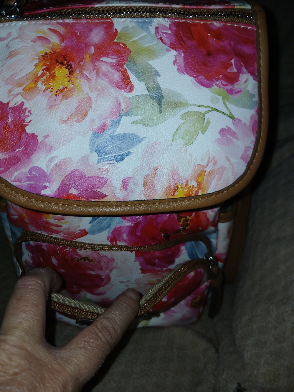 Rosetti Floral Backpack in Pink, White & Tan Trim - Picture 4 of 9